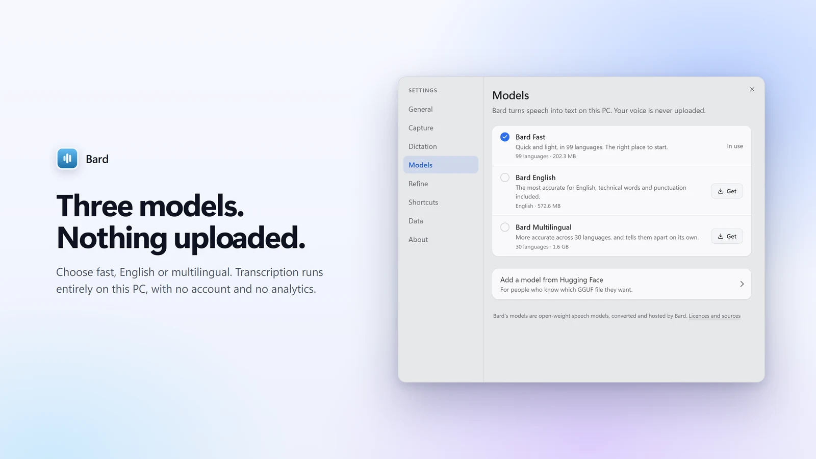 Bard's Models settings: three local speech models to choose from.